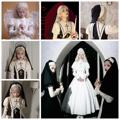 Halloween Damen Nonnen Kopftuch mit Kreuz Krempe Nonne Wimpel Lady Gothic Kopfschleier - Bild 3 von 35