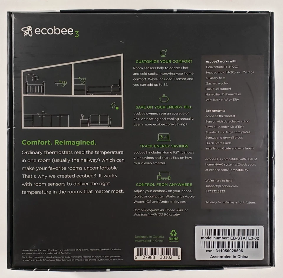 Ecobee 3 [EB-STATE3-02] Smart Wi-Fi Thermostat with One Room Sensor & ecobee Box - Image 2 of 4