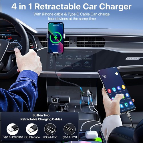 4 in 1 Retractable Car Charger USB C Fast Charging Adapter PD 100W W/ Dual Cable - Picture 10 of 17