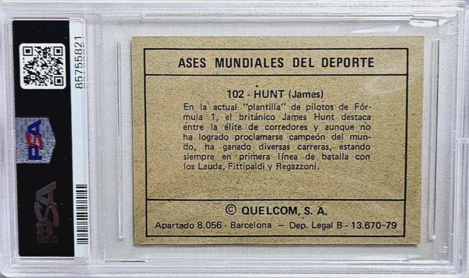 1979 Quelcom Ases Mundiales Deporte #102 James Hunt F1 Racing Card PSA 6 POP 1 - Image 2 of 2