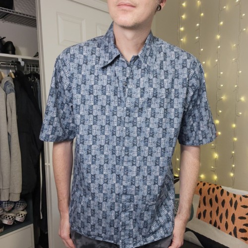 OP Ocean Pacific Herren MD Blau Tiki Print Kurzarm Hemd mit Knopfleiste