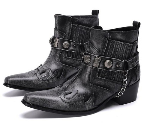 Mens Fashion Punk Pointy Toe Rivet Metal Chain Ankle Boots Youth Leather H150 - Picture 6 of 8