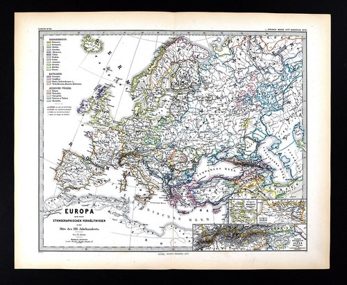 1880 Spruner Ethnic Map of Europe Indo-European Caucasian Altai Tartars People