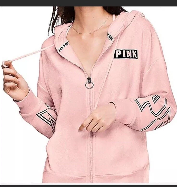 NWT Victoria secret pink Medium Light Pink Logo Full Zip Sweatshirt Last One