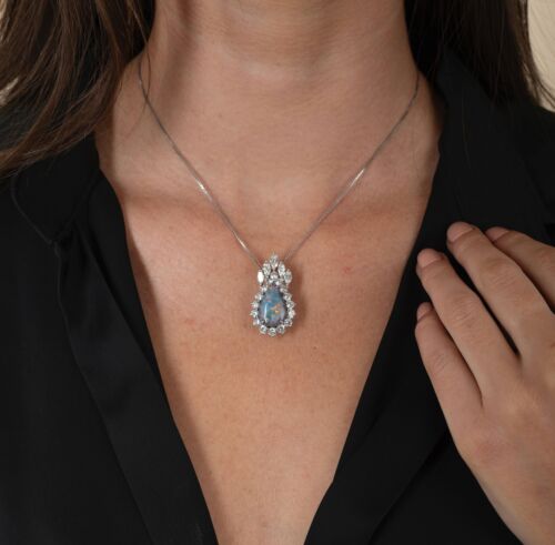 Drop Shaped Black Opal with Marquise & Round Diamond Halo Pendant Or Brooch in 1 - Picture 3 of 8