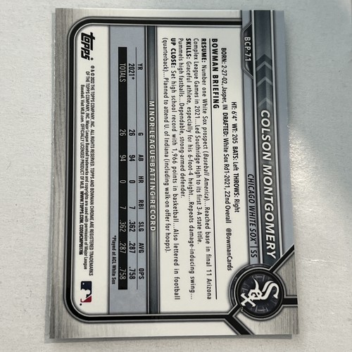 Colson Montgomery 2022 1st Bowman Chrome RC BCP-71 Chicago White Sox - Picture 2 of 2