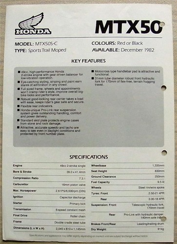 HONDA MTX50 SPORTS TRAIL Motorcycle Sales Specification Leaflet Dec 1982-83 - Picture 2 of 2