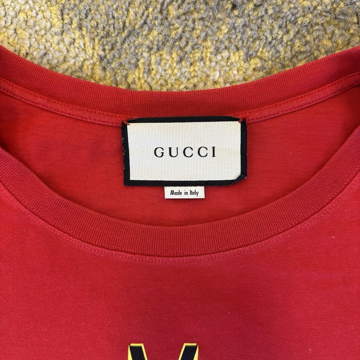 Gucci Men's Shirt Red Short Sleeve Cotton Yellow Rainbow
