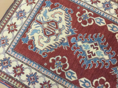3'.8" X 5'.5" Red Beige Kazak Geometric Oriental Area Rug Wool Hand Knotted - Picture 4 of 12