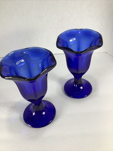 Set of 2~ Cobalt Blue Tulip Libbey® Glass 6” Ice Cream Sundae Dishes - Picture 2 of 11