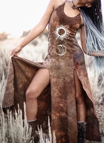 Medieval Viking Tribe Costume Women Sleeveless Dress Vestidos Cosplay Halloween - Picture 29 of 29