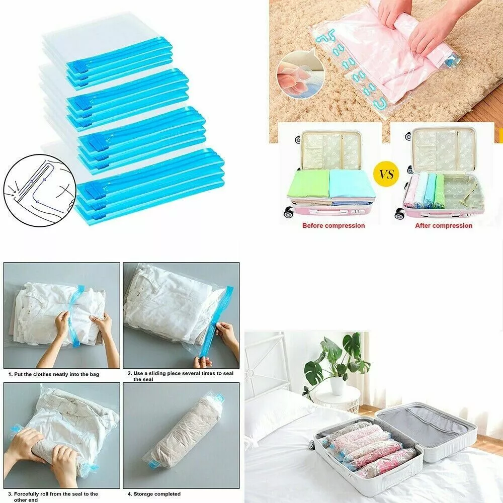 Compression Bags for Travel - Roll-Up Space Saver Vacuum Storage Bags - No  Vacuum or Pump Needed - Reusable Vacuum Seal Bags for Clothing