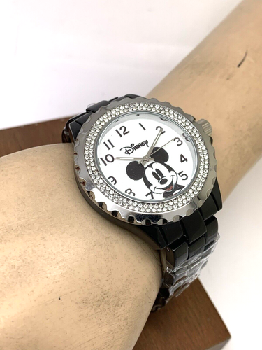 Disney Mickey Mouse Women's Watch W000501 Black Quartz White Dial Crystals Bezel - Picture 5 of 14