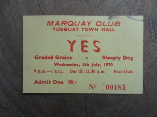 Boleto de concierto Yes 8 de julio de 1970 Ayuntamiento Torquay Inglaterra - Imagen 1 de 2