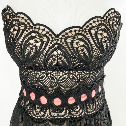 Nanette Lepore Strapless Black Lace Embroidered Pink Fit Flare Retro Dress XS 2 - Picture 5 of 12