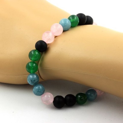 Bracelet Rose Quartz + Matte Black Onyx + Aquamarine + Agate Made In - Picture 3 of 3