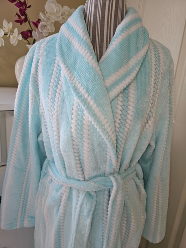 Jasmine Rose Aqua Cozy Textured Plush Striped Shawl-Style Wrap Spa Robe  Sz. L - Bild 2 von 15