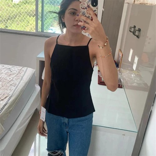 Women Fashion Solid Backless Vintage Thin Straps Square Collar Female Lady Tops - Picture 4 of 15