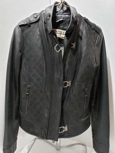Italien Leder Vera Pelle schwarz kurze Motorrad Jacke Damen 8/44 It durchgehender Reißverschluss Biker - Bild 4 von 10