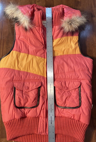Vintage Modbe Puffer Vest Womens L 12/14 Hood Fur Trim Pink Orange Colorblock - Picture 3 of 7
