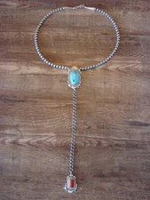 Sterling Silver Navajo Pearl Turquoise & Coral Y Necklace Signed Tom Lewis