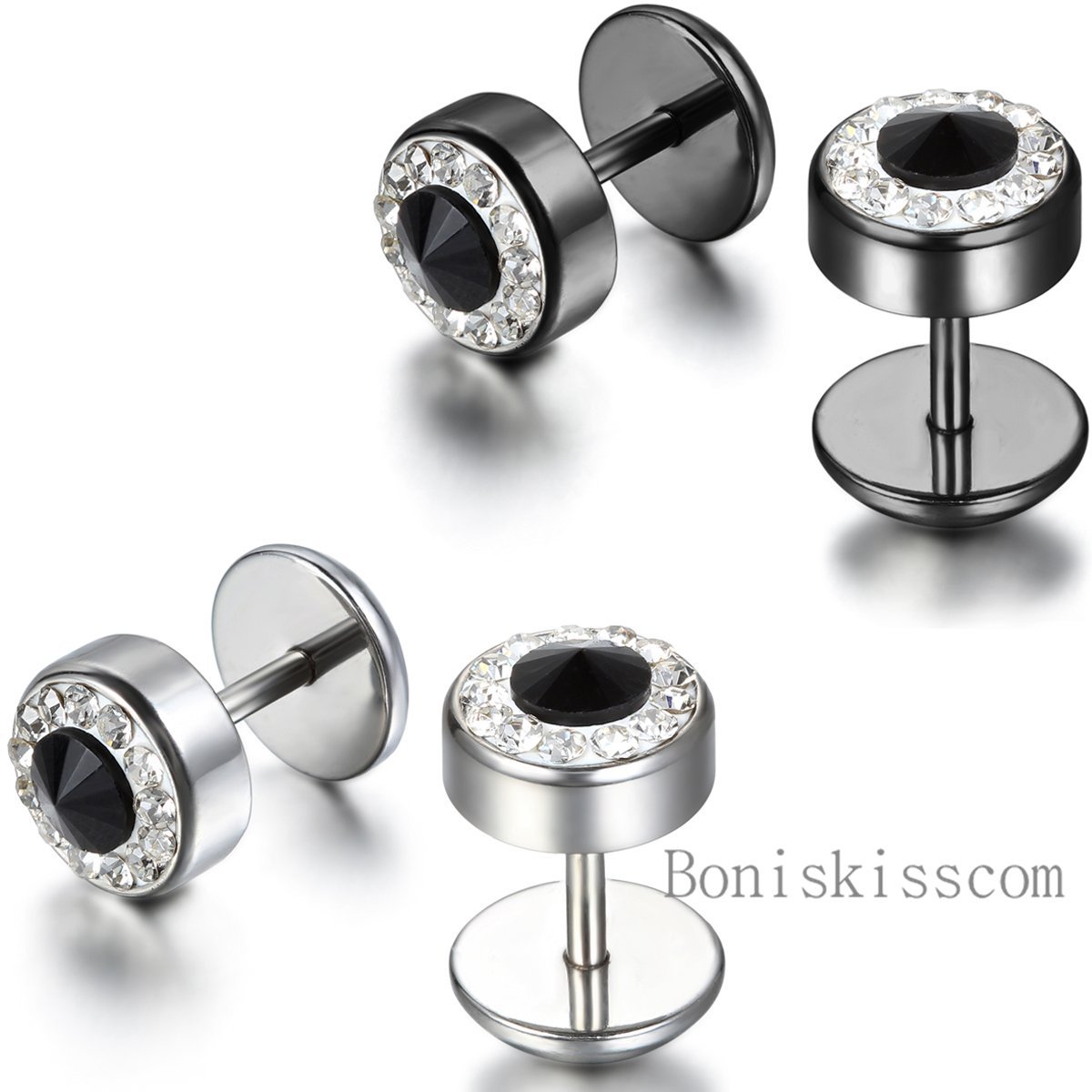 2Pcs Black Silver Men's Barbell Punk Stainless Steel Crystal