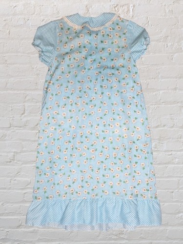 Vtg Handmade Nightgown YMED Blue Daisy Puff Sleeve Knee Length Cottage Prairie - Picture 4 of 7