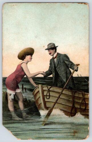 JUEGO/6 POSTALES ARRIESGADAS DE BARCO BELLEZA BAÑO PAREJA ROMÁNTICA AÑOS 1910 ¡VER ESTADO! - Imagen 3 de 8