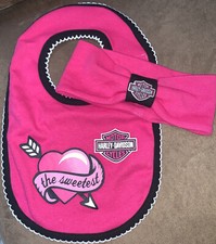 BABY GIRL HARLEY DAVIDSON BIB  HEADBAND THE SWEETEST PINK ONE SIZE SUPER CUTE 