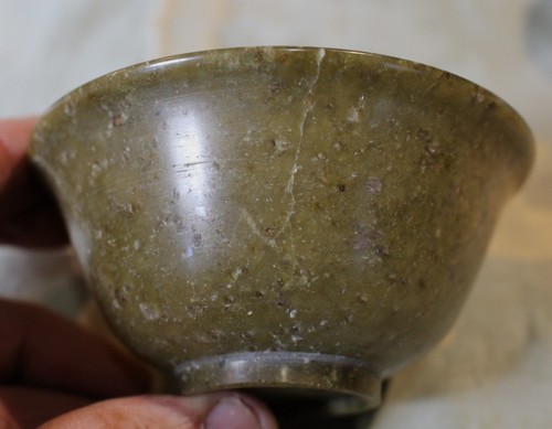 Pair Vintage Chinese Variegated Olive Green Nephrite Jade Carved Bowls c. 1930 - Picture 9 of 9