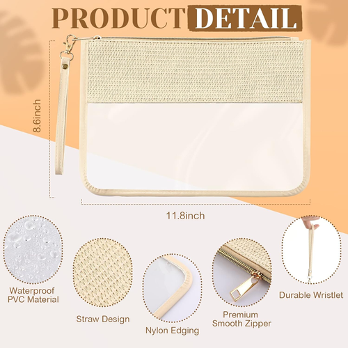 9 Pcs Clear Straw Leather Makeup Bag Braid Clear Travel Makeup Bag PU Leather Po - Picture 4 of 7