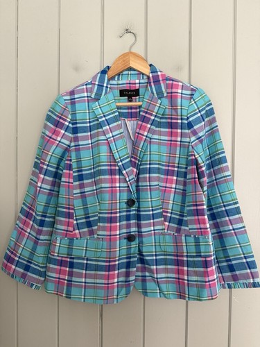 Neu mit Etikett Talbots Madras Leinenblazer mit Rüschenärmeln 8 türkis blau pink kariert NEU