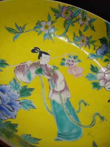 Antique Famille Jaune Japanese Porcelain Bowl Floral Peach Blossom Repaired READ - Picture 12 of 17