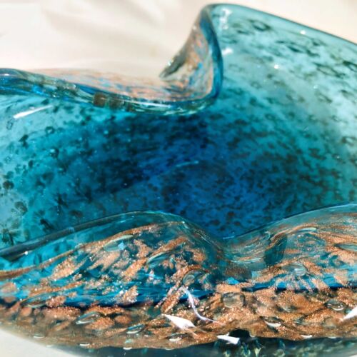 Vintage MURANO Art Glass Ashtray MCM Teal Blue and Gold ~ 3 pounds 15 ounces. - Picture 5 of 8