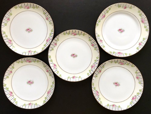 5 Hand Painted Nippon Dessert Plates Roses w/ Black & Gold Striped Rim Gilded - Picture 1 of 5