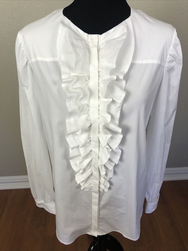 Anne Fontaine FRANCE $495 NWOT FR44 US 12/14 45" Ruffle Blouse LOGO Button White - Foto 3 di 11