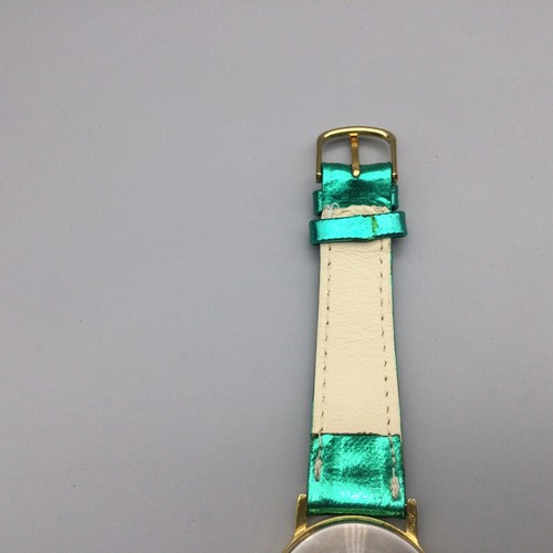Cat Chasing Mouse Watch Women 32mm Gold Tone Green Leather Band New Battery - Picture 10 of 15