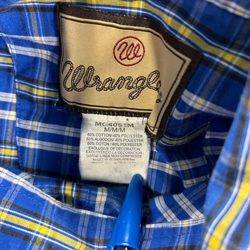Wrangler Medium Uomo Blu Giallo Plaid Bottoni Manica Corta Western - Foto 2 di 8
