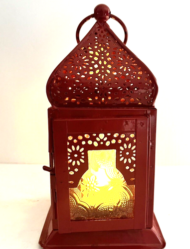 New Moroccan Style Red Lantern with New Electric Candle 7" high x 3" square
