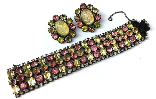 RARE Schreiner Uranium Glass Watermelon Jewelry Set Lemon Pink Rhinestones Video - Picture 2 of 12