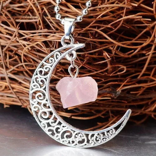 Natural Quartz Crystal Pendant Chakra Healing Gemstone Moon Necklace Jewelry - Picture 9 of 10