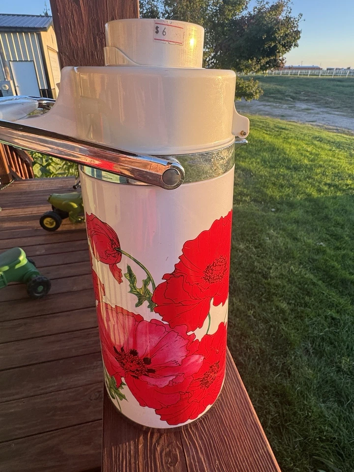 Dispensador de termo vintage años 70 bomba de aire vacío frío caliente jarra floral frasco Foto 3 de 4