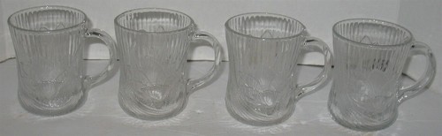 4 Vintage Heavy Glass Reeded Flower Design Coffee Tea Cocoa Mugs Cups