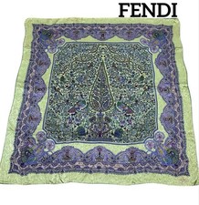 FENDI Silk Scarf Paisley Peacock Light Khaki 99cm x 99cm Vintage Rare
