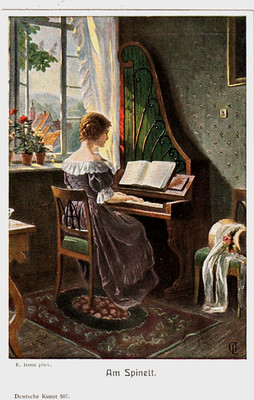 Postcard (13) artist: E. Horst ''Am Spinett'' - publisher: G. Liersch & Co. Berlin 507