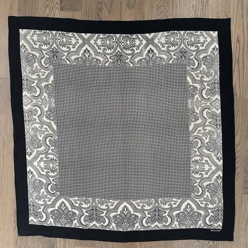 Vintage Echo 100 % Seide Hahnentritt Paisley Druck Schal schwarz und creme 34" sq - Bild 4 von 8