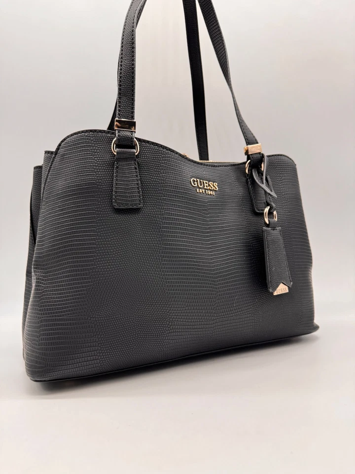 GUESS Lyndi Girlfriend croc embossed large women's satchel bag - Black - Image 2 of 4
