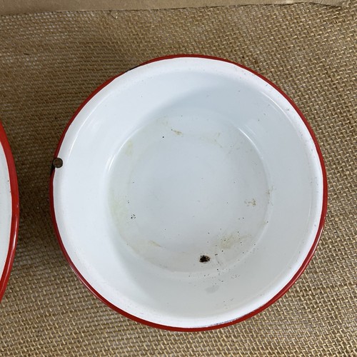 Bauernhaus Vintage 2er Set emaillierter Stahl weiß roter Rand 10" 7" runde Becken Schüsseln - Bild 4 von 8