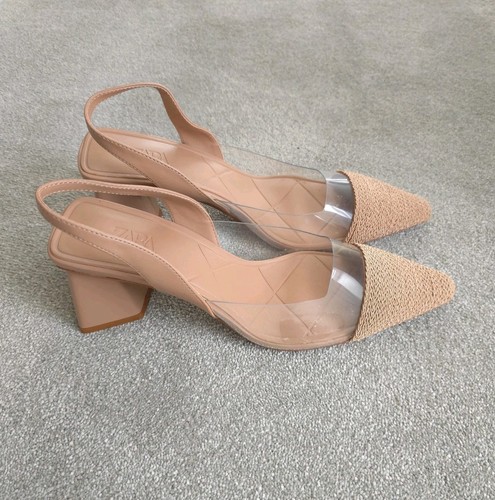 Zara Beige Woven Shoes Block Heel Sandals 6 39 - Picture 6 of 7