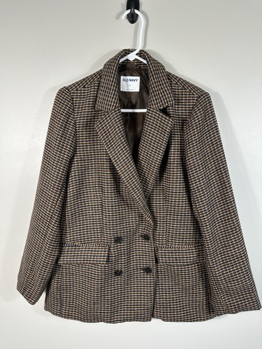 Old Navy Blazer Womens Medium Brown Plaid Double Breasted Academia Preppy - Picture 1 of 10